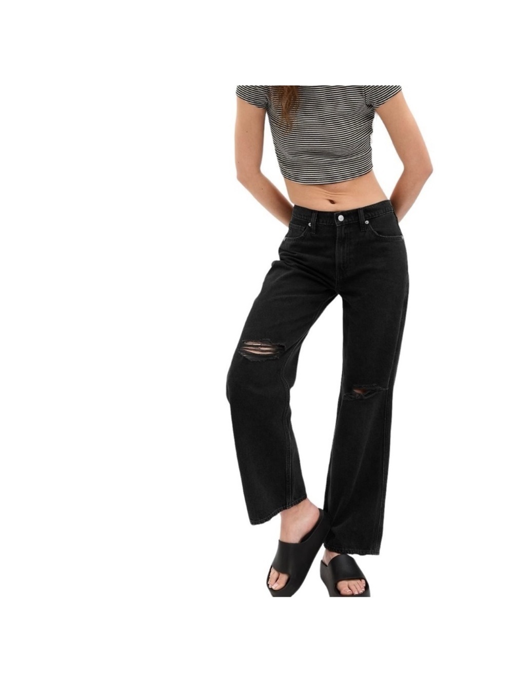 NWT Gap Black Wash Baggy Low Rise Distressed Jeans Size 30 / 10